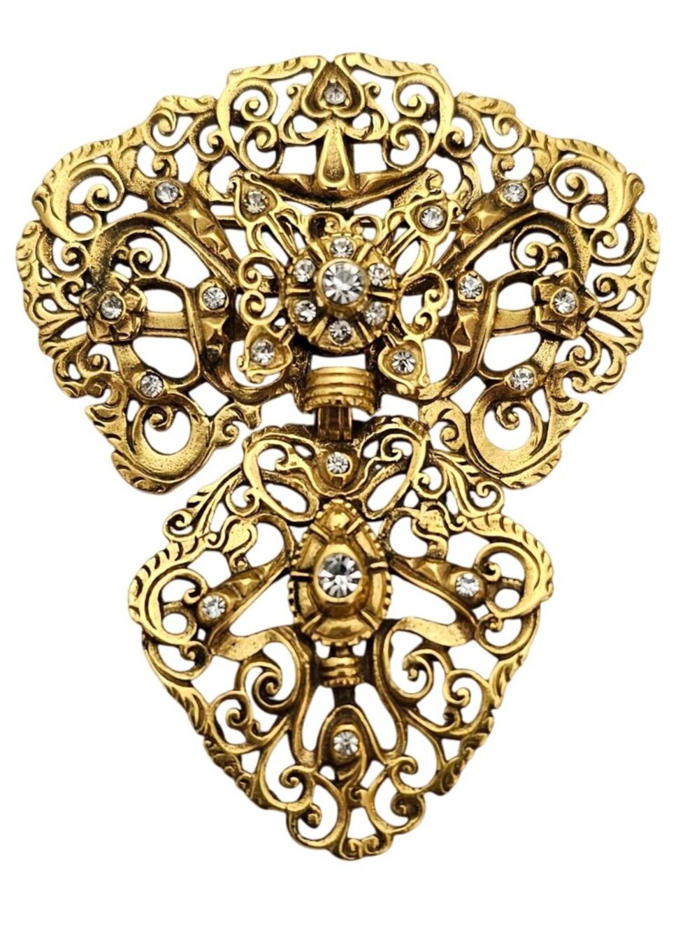 MMA Clear Rhinestone Hinged Dangle Brooch Flower Pendant Pin Signed J840